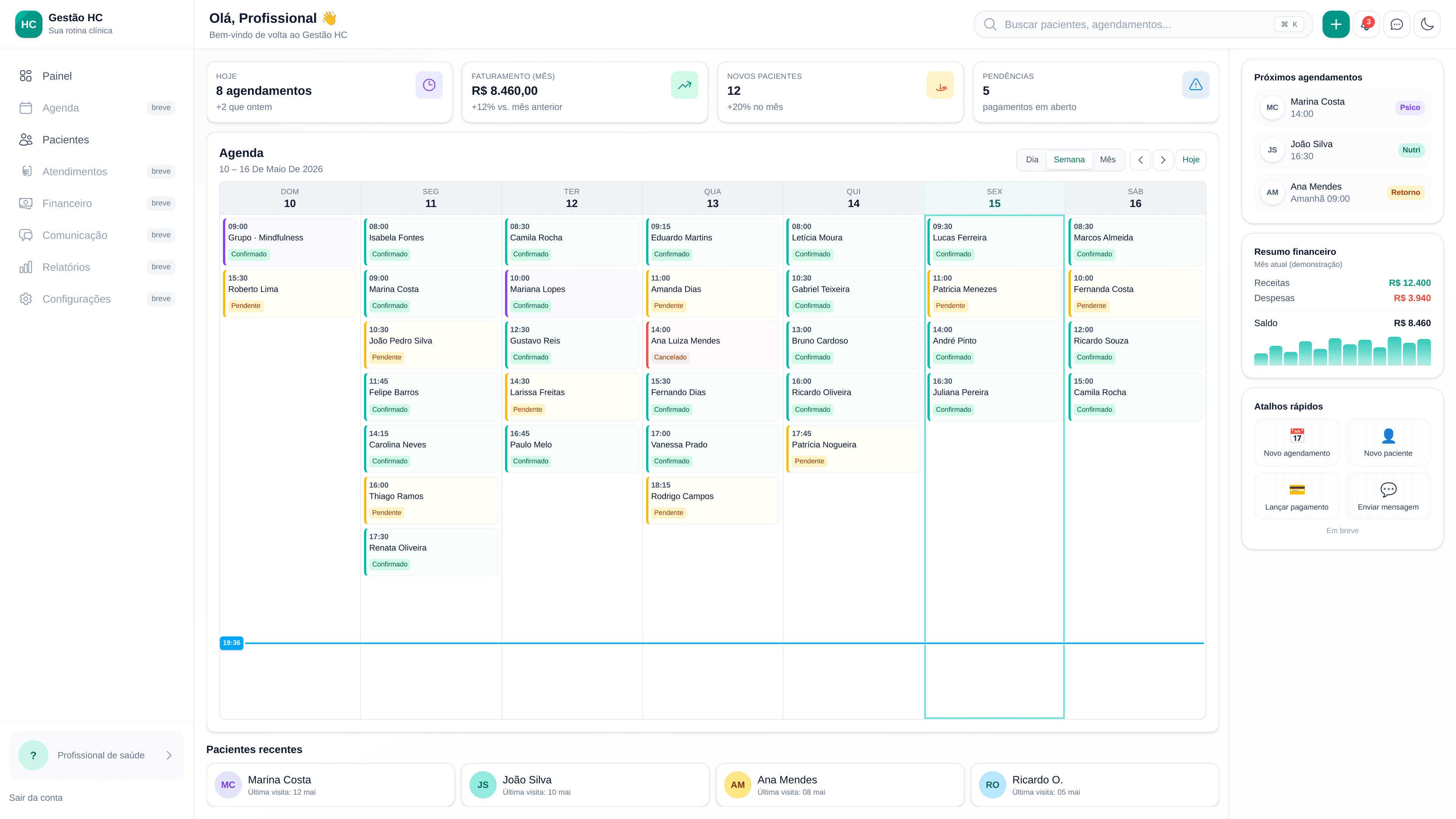 Captura do painel Aurora com agenda semanal, métricas e widgets